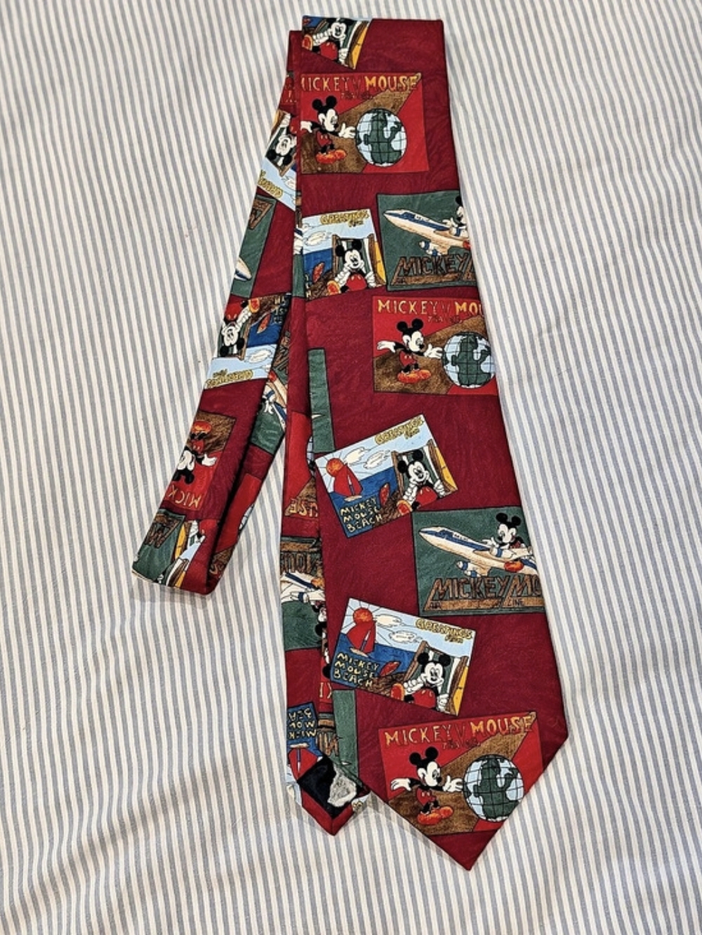 Vintage 90s Mickey Unlimited Mickey Mouse Travel Theme Silk Necktie Red & Green